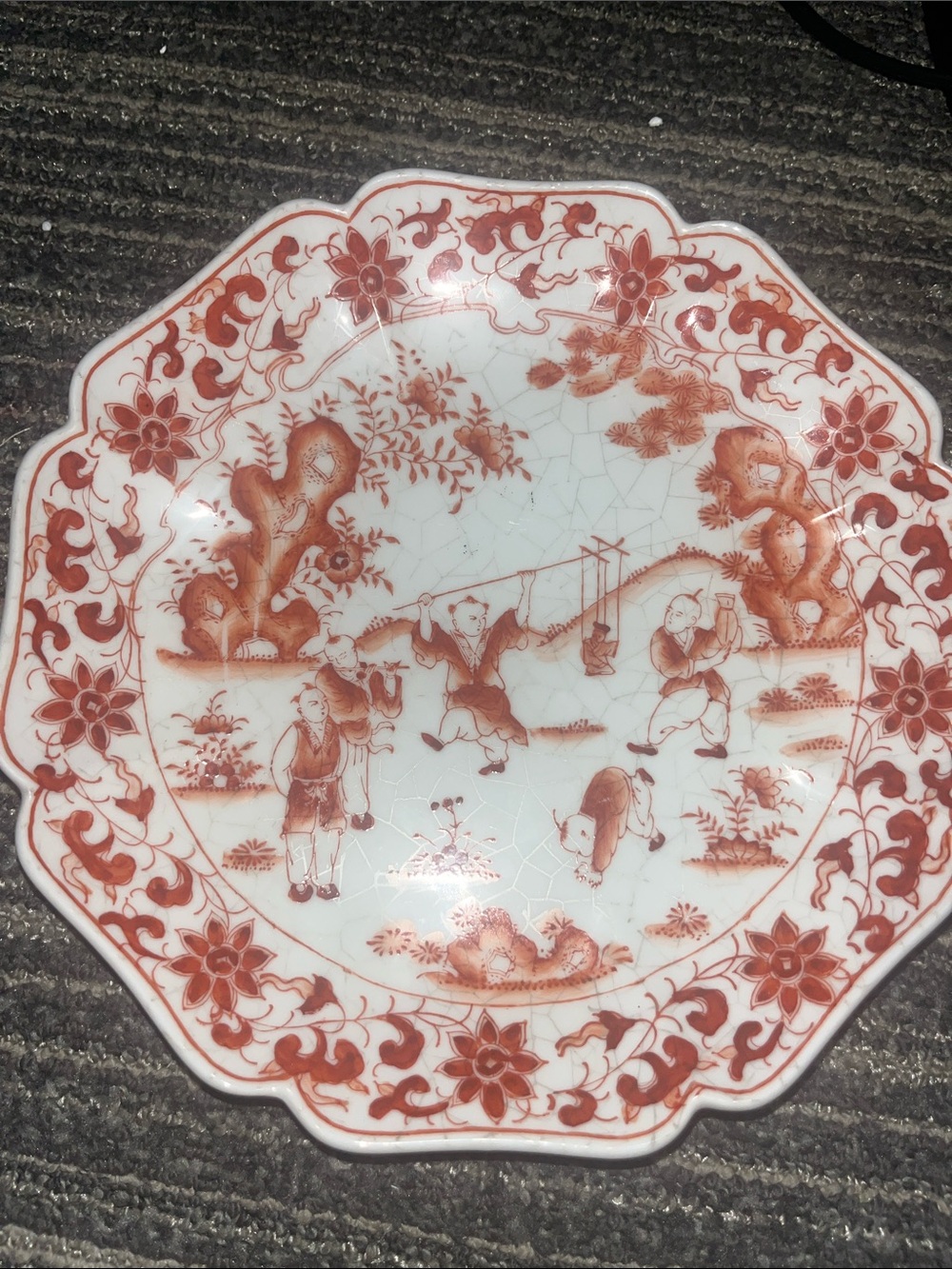 Vintage/Antique Chinese 460 Children at Play Iron Red Crackle Glaze Plate